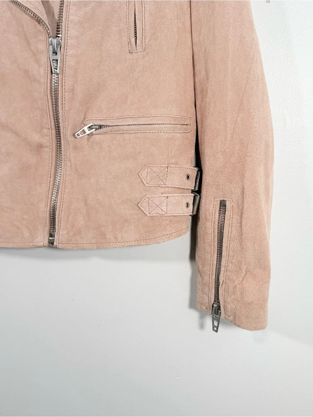 BlankNYC Blush Desert Pink 100% Genuine Suede Leather Cropped Moto Jacket Small